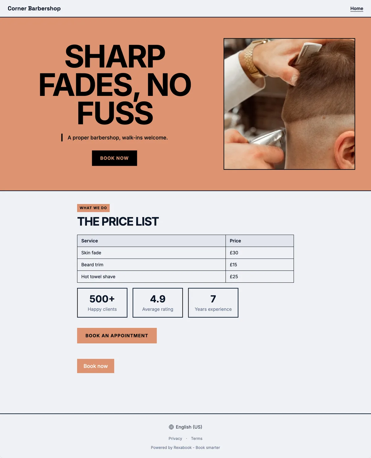 Barber website built with Rexabook