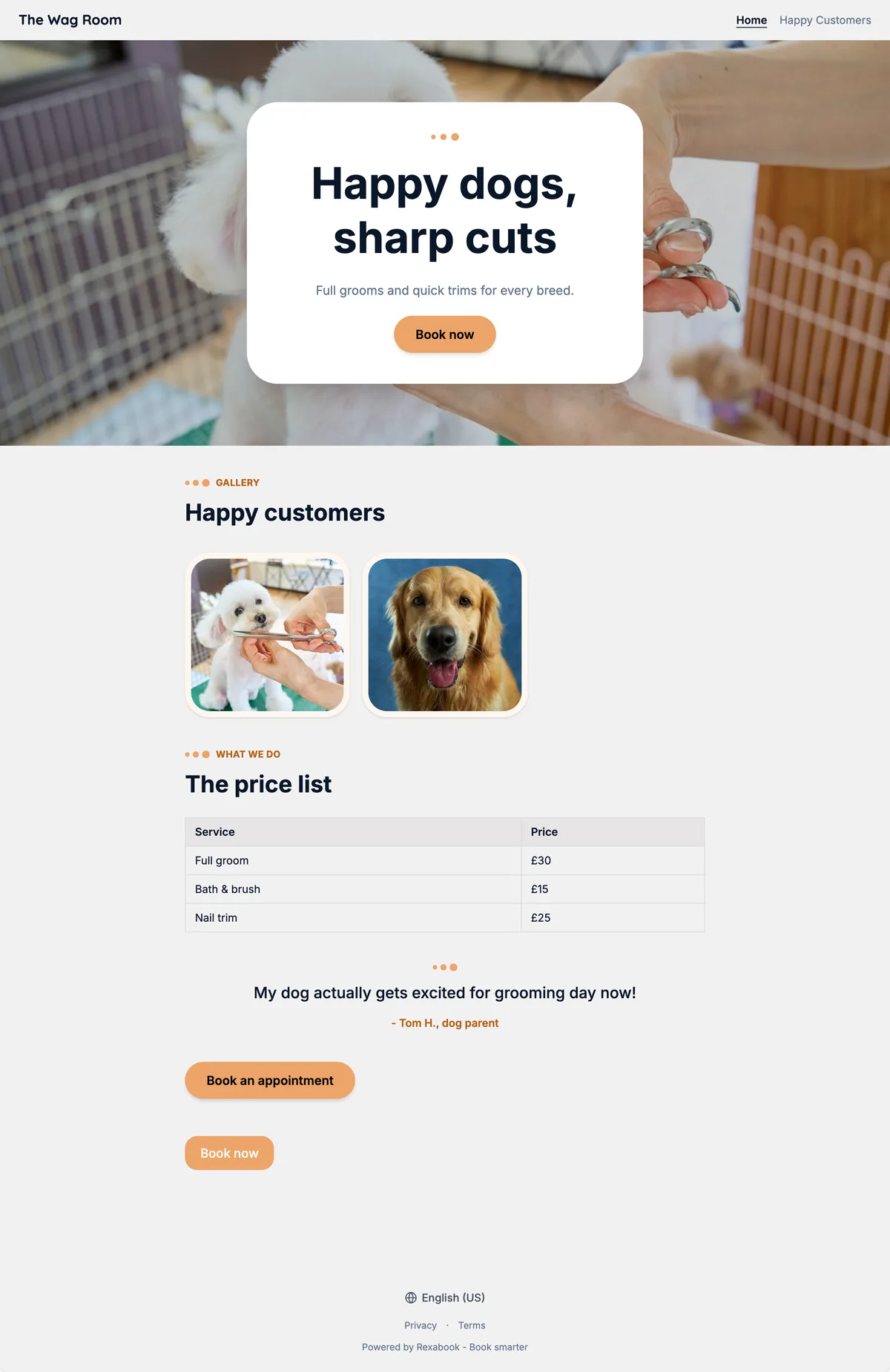 Dog groomer website built with Rexabook