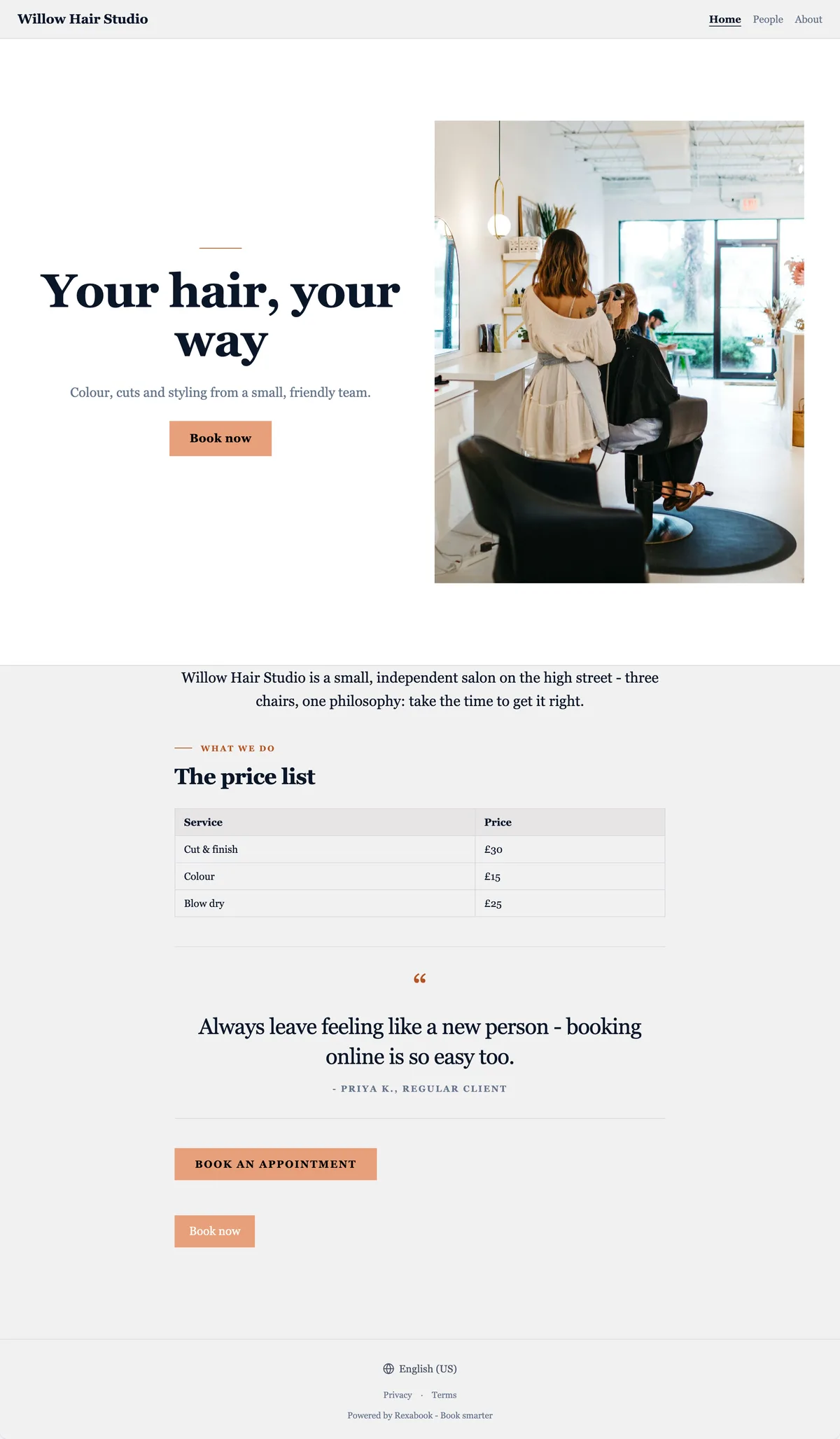 Hair salon website built with Rexabook