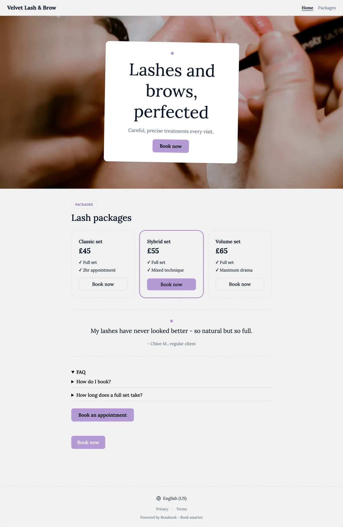 Lashes & brows website built with Rexabook