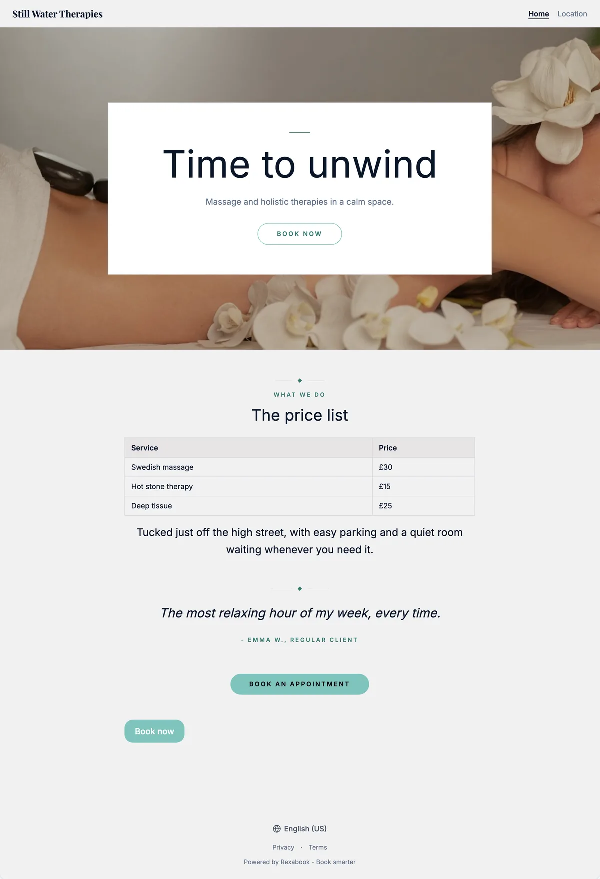 Massage & spa website built with Rexabook