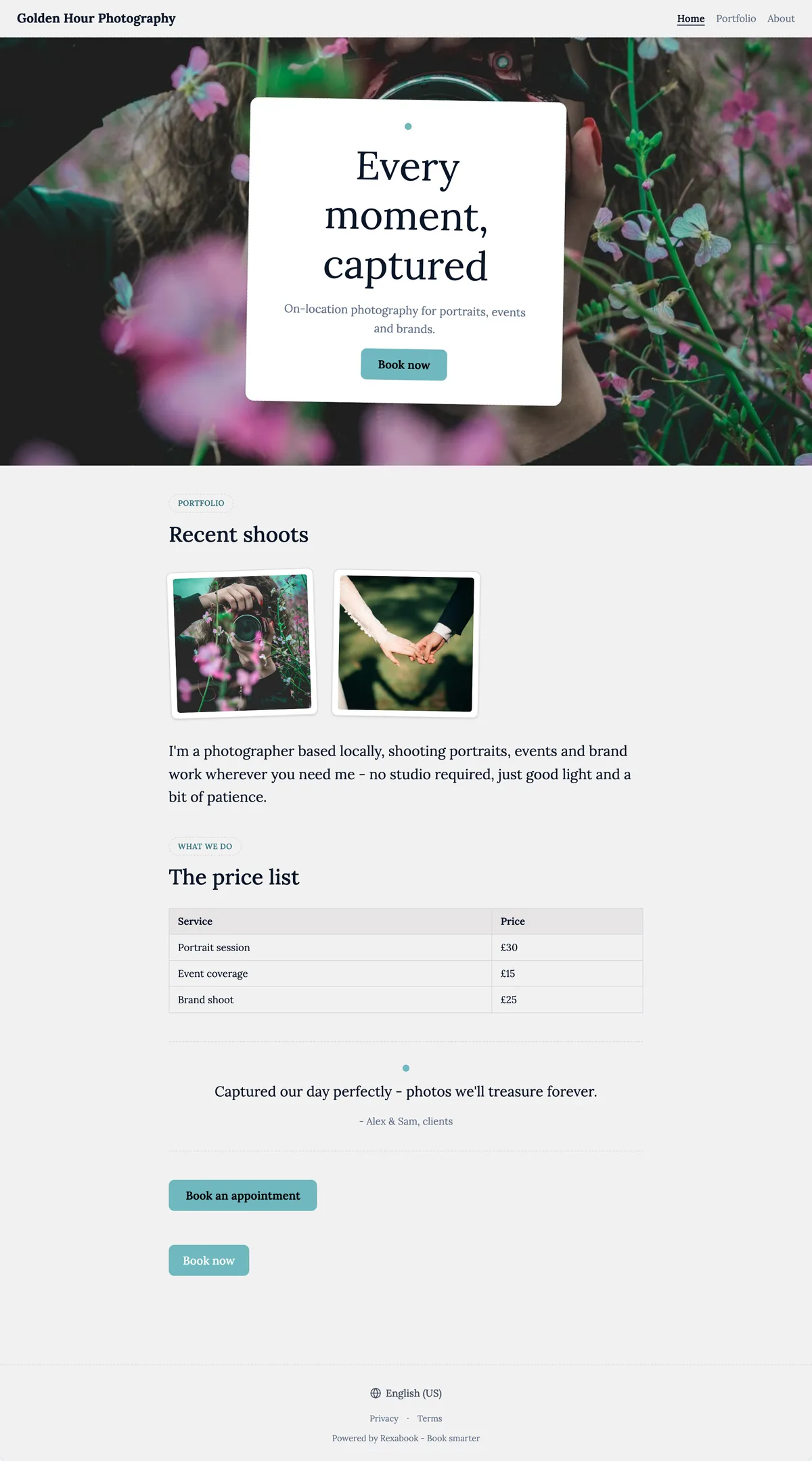 Mobile photographer website built with Rexabook