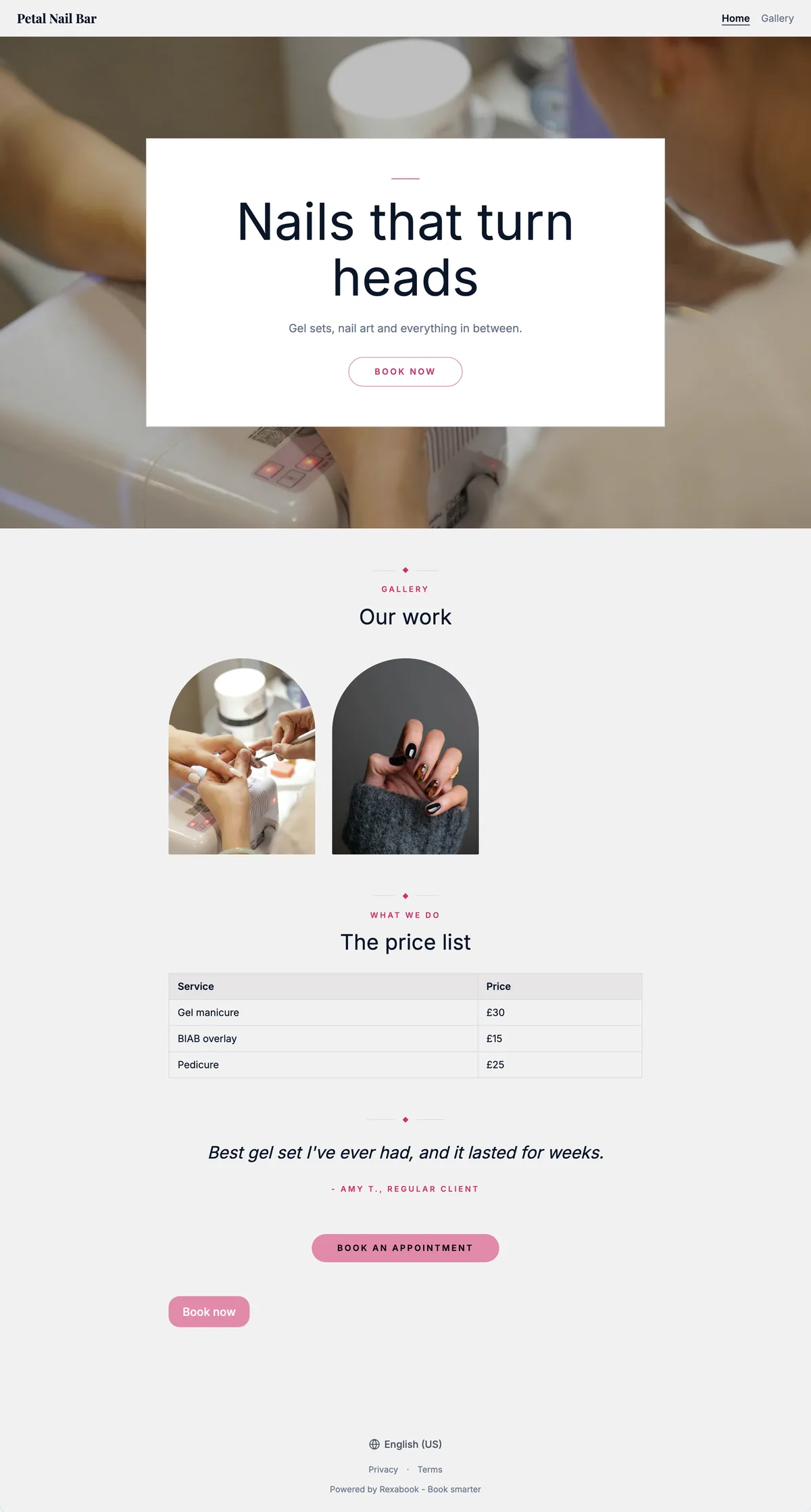 Nail salon website built with Rexabook