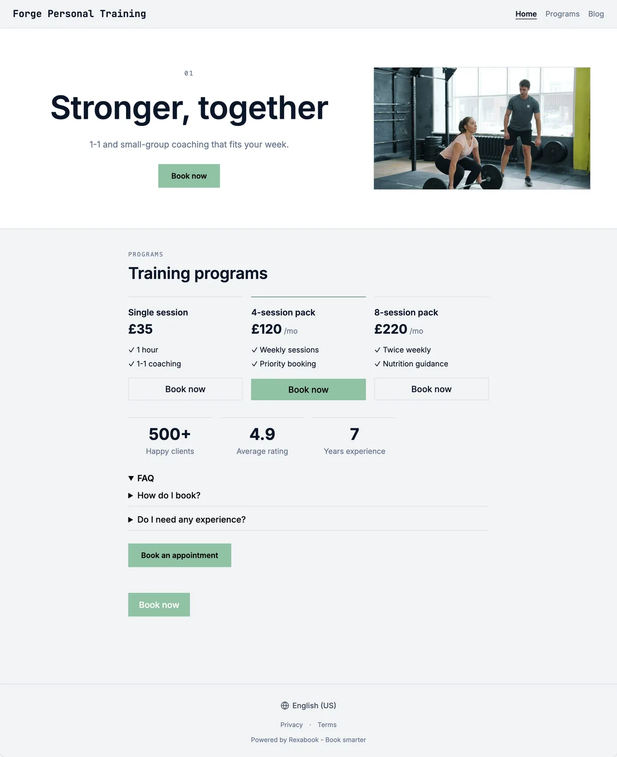 Personal trainer website built with Rexabook