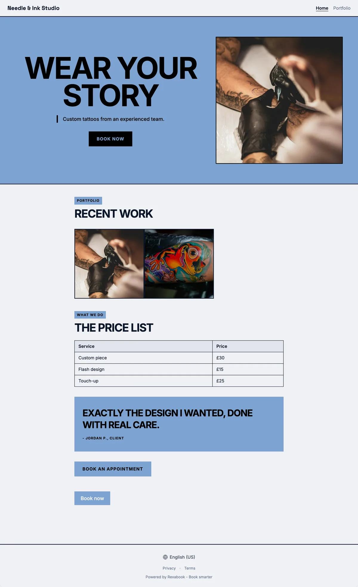 Tattoo studio website built with Rexabook