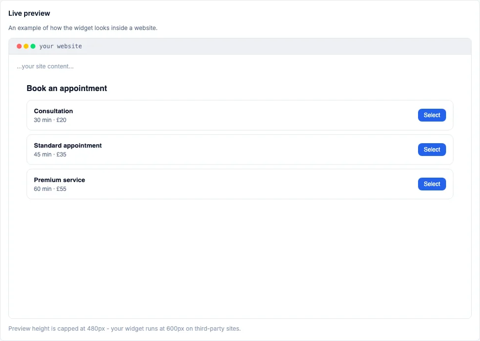 A live preview of the booking widget embedded inside an example website