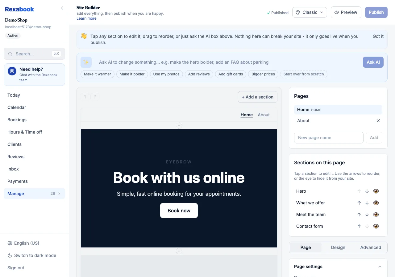 The site builder's editing canvas, with the page list and block settings alongside a live preview
