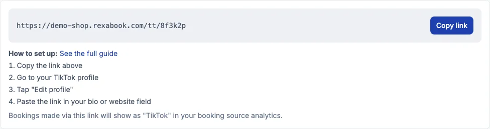 The TikTok tab showing the generated booking link and copy button